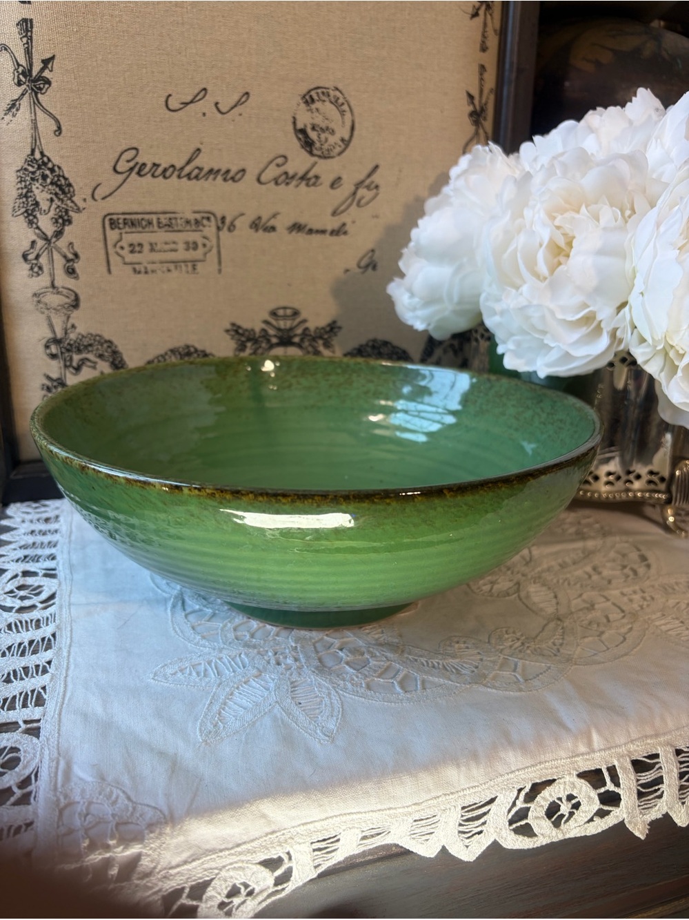 Tabletops Gallery Boulevard green ceramic serving bowl